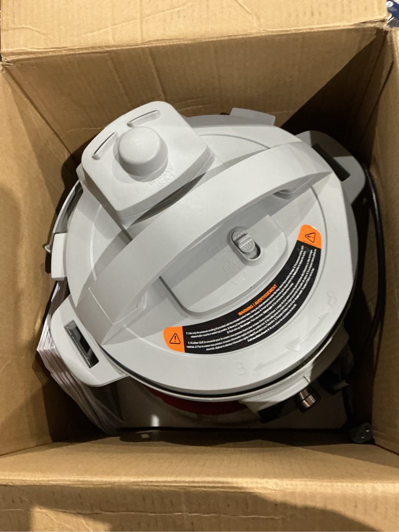 Condition photo showing As Is for instant pot, 6-quart whisper quiet 9-in-1 electric pressure cooker, slow rice steamer, sauté, yogurt maker, warmer & sterilizer, free app with 800+ recipes, stainless steel 6 quarts