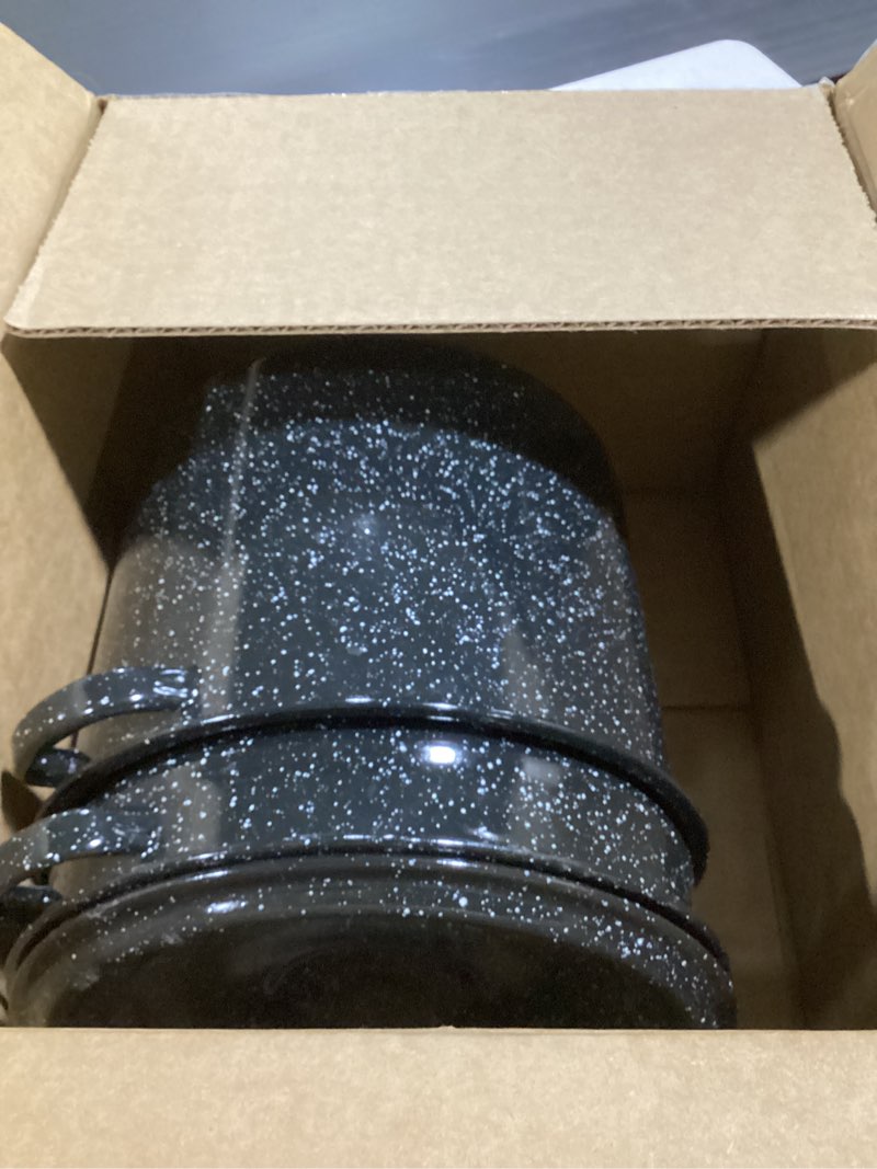 Condition photo showing New/Like New for Granite Ware 7.5 Qt 3 Piece Multiuse Pasta Pot Set, Strainer Pot with lid. (Speckled Black) Seafood, Soups, Sauce, Large Capacity. Easy to Clean. Dishwasher Safe. 7.5 Quarts Pasta Pot Speckled Black