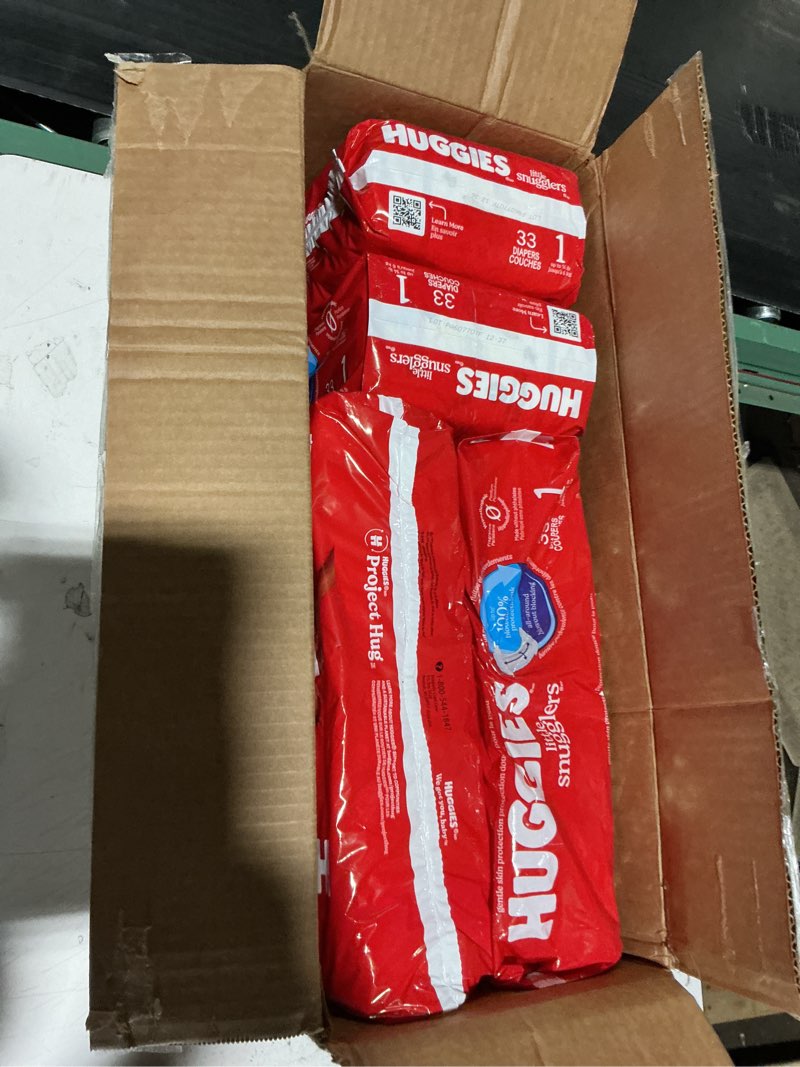 Condition photo showing As Is for huggies size 1 diapers, little snugglers diapers, size 1 (8-14 lbs), 198 count (6 packs of 33), packaging may vary size 1 198