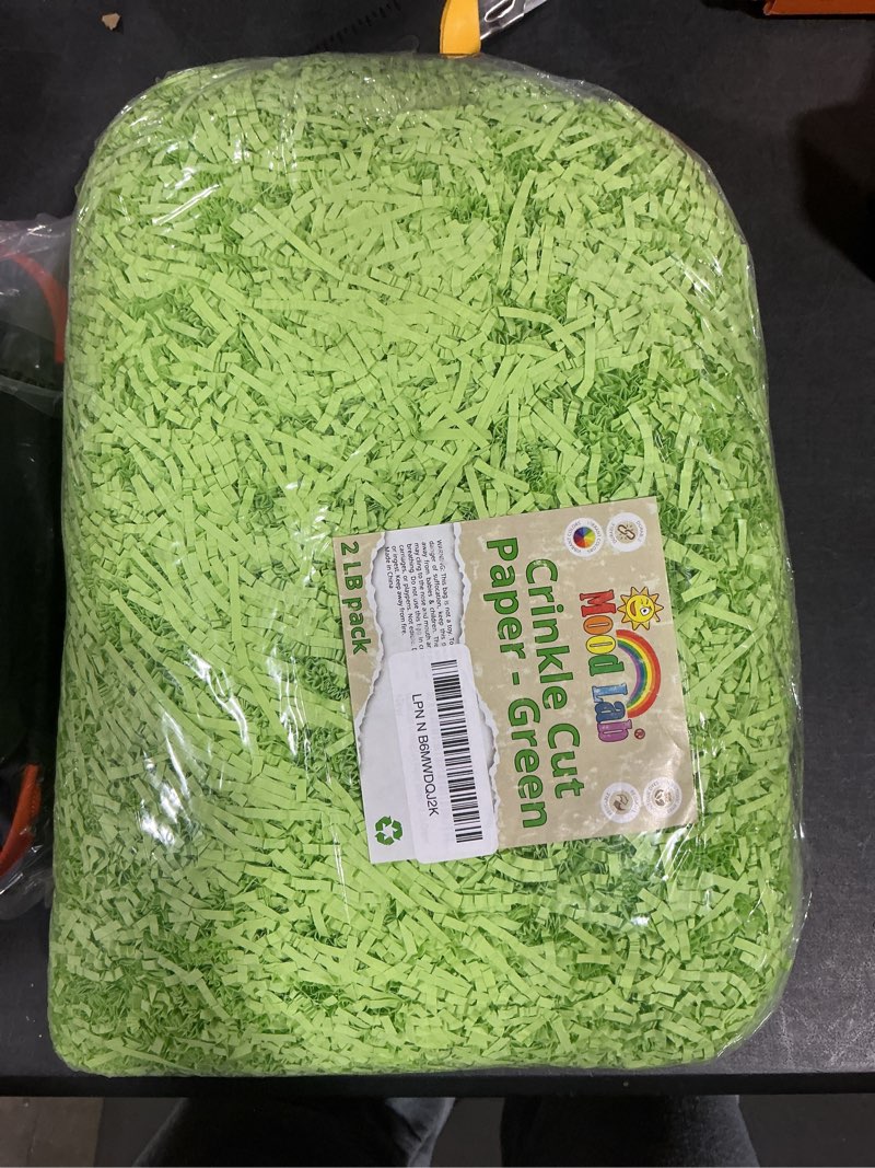 Condition photo showing New/Like New for Mood Lab Crinkle Cut Paper Shred Filler - 2 LB Green - Shredded Cut Paper for Basket Filling - Gift Box Kraft Wrapping Paper