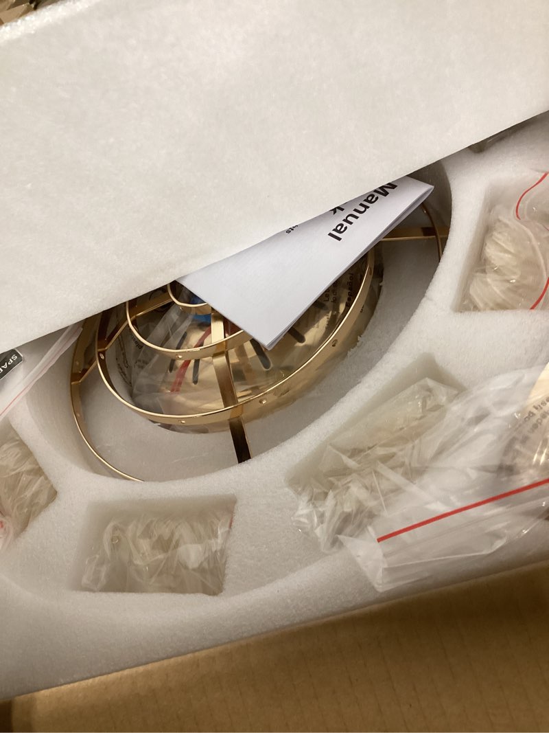 Condition photo showing Good Condition for 48'' Boho Fandelier Ceiling Fan with Light, Capiz Shell Retractable Ceiling Fan Lights with APP/Remote, Dimmable Coastal Invisible Chandelier Fan with 6 Speeds Wind, Timer for Bedroom Living Room-Gold Gold 48 Inch