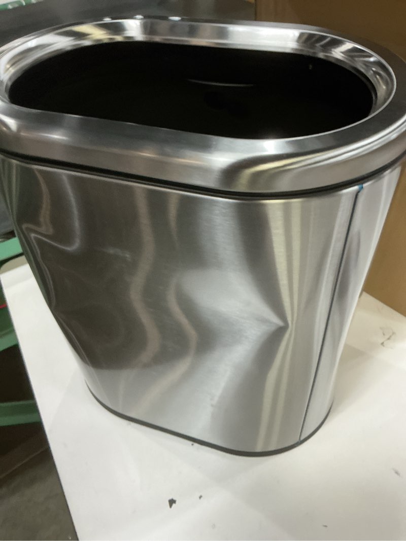 Condition photo showing As Is for trash cans 9/12 liter slim stainless steel trash can, open-top trash can with removable trash bin, modern narrow garbage can for kitchen bathroom bedroom office