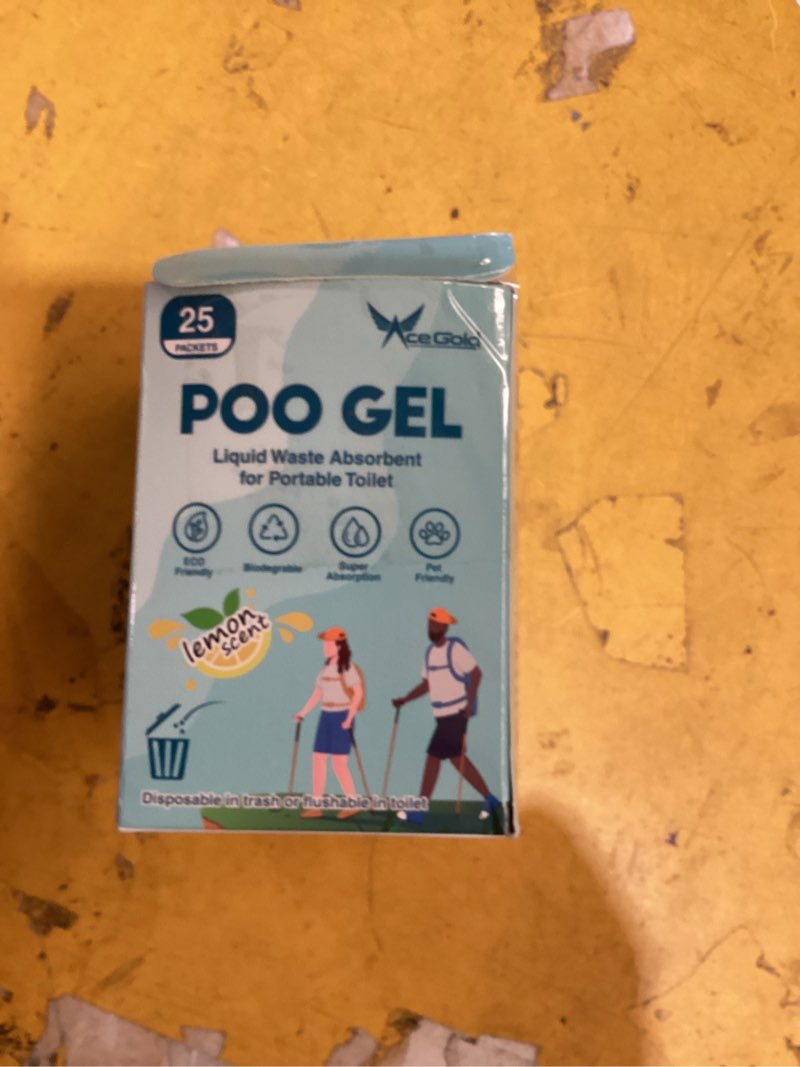 Condition photo showing As Is for acegold portable poo gel, portable toilet powder gel, 25/60/100 packets poo absorbent gel, outdoor camping and hiking toilet gel powder