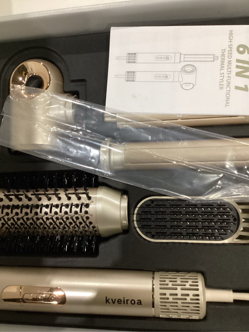 Condition photo showing New/Like New for 6 in 1 Hot Air Brush & Hair Dryer–High-Speed Hair Dryer Brush with Auto Wrap Curlers, Hot Air Styler Wrap Fast Drying & Frizz-Free Styling, No Heat Damage, Volumizing with Travel Bag Stone