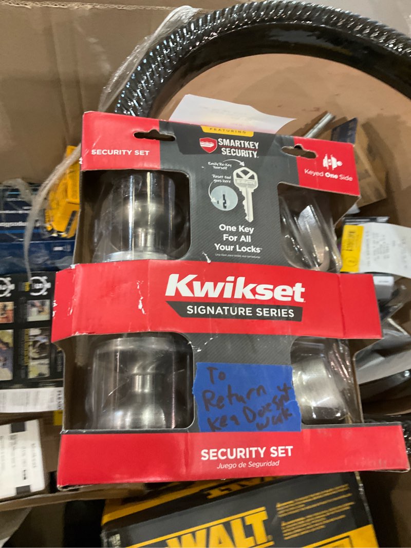 Condition photo showing As Is for kwikset juno keyed entry door knob and single cylinder deadbolt combo pack with microban antimicrobial protection featuring smartkey security in satin nickel satin nickel 1 pack combo pack