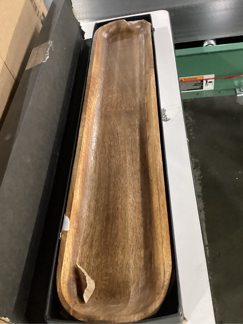 Condition photo showing As Is for Wooden Dough Bowl - 30'' x 6'' x 3'' - Hand Carved Solid Wood Decorative Tray, Rustic Farmhouse Style, 5.0 oz Capacity - Gift Box Included