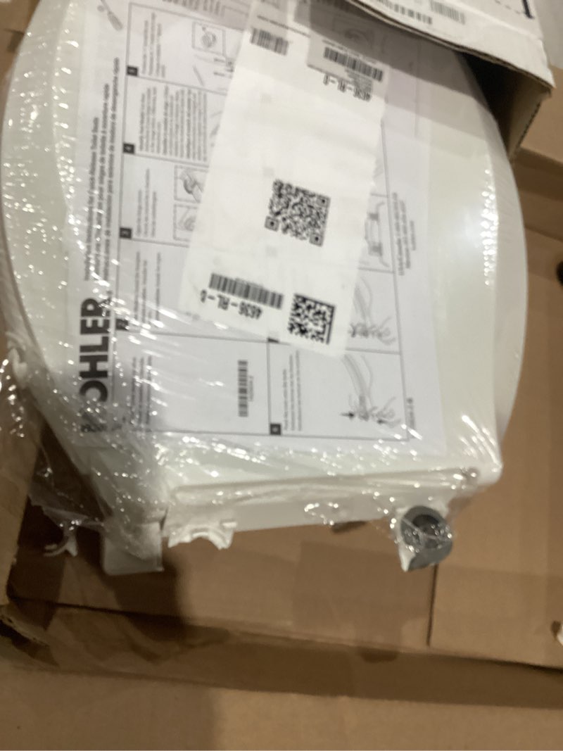 Condition photo showing As Is for kohler 4636-rl-0 cachet readylatch elongated slow close toilet seat, soft close toilet seat quiet lid, contoured grip-tight bumpers installation hardware, apartment essentials, white white elongated ready latch