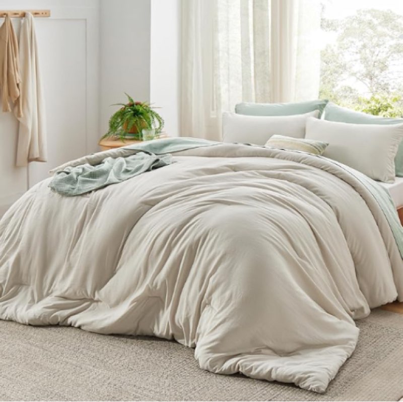 Bedsure Super King Plus Size Comforter Set, Beige Soft Prewashed Bedding for All Seasons, 3 Pieces GentleSoft™ Bed Set, 1 Lightweight Comforter (128"x120") and 2 Pillowcases (20"x36")