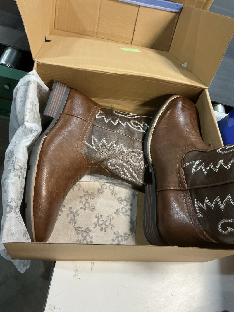 Condition photo showing New/Like New for iuv cowboy boots for men with wide square toe western retro boot durable classic fashionable embroidered pull on slip resistant boots 12.5 wide dark brown