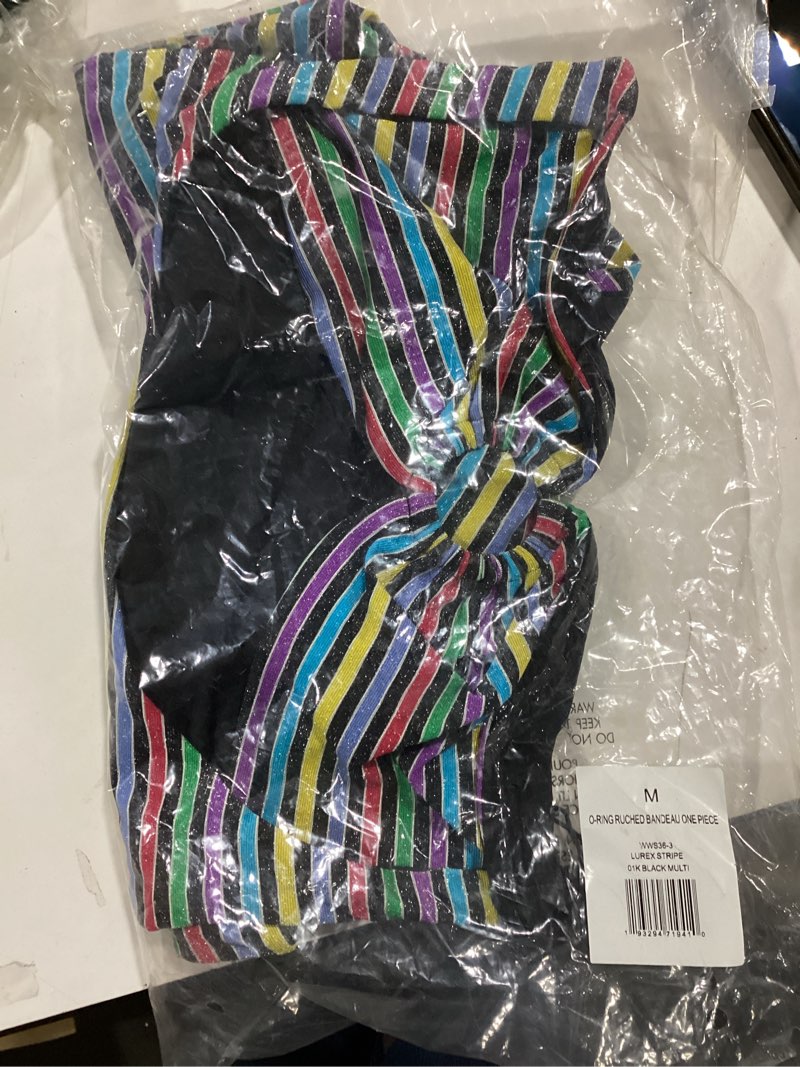 WEWOREWHAT-O-Ring Ruched Bandeau One Piece-Lurex Stripe-Black Multi-M