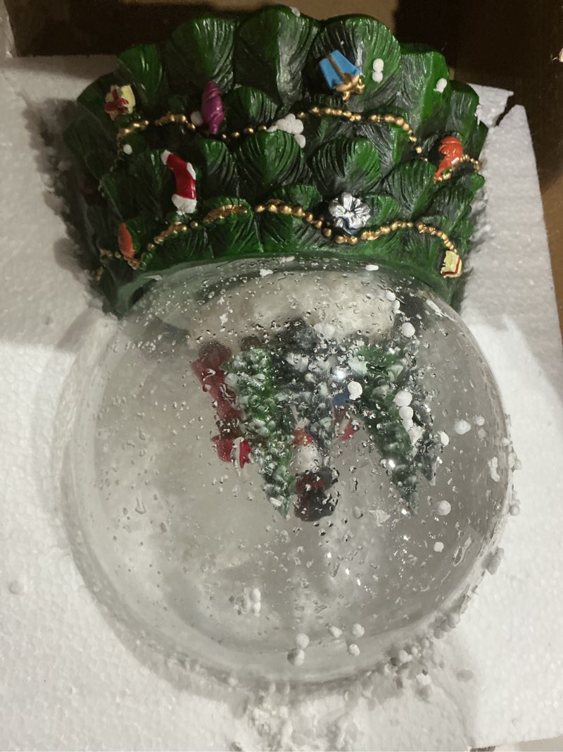 Condition photo showing As Is for 8.25 Inch Height Christmas Snow Globe with Light up Musical Snowflakes Holiday Decoration, Snowman Oversized Resin Snowglobes, Christmas Holiday Decor. 150mm Snowmen snow globe