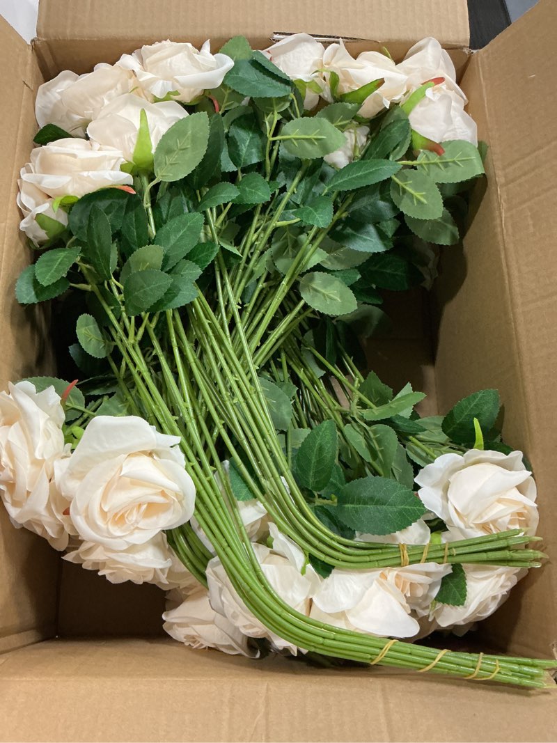 Condition photo showing New/Like New for jexine 100 pieces artificial roses flowers bulk, long stem realistic fake silk roses bouquet for table centerpiece vases wedding party kitchen decor (champagne)