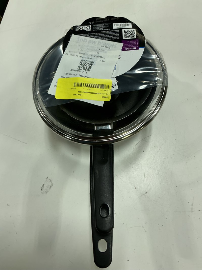 Condition photo showing As Is for mainstays 3 piece non-stick sauce pans black, 1qt & 2qt with single lid