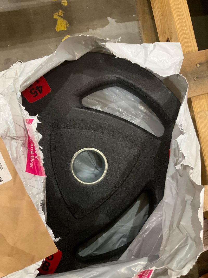 Condition photo showing As Is for fitvids olympic cast iron 2-inch weight plate for strength training & weightlifting, rubber coate style, multiple weights available 45lb pair