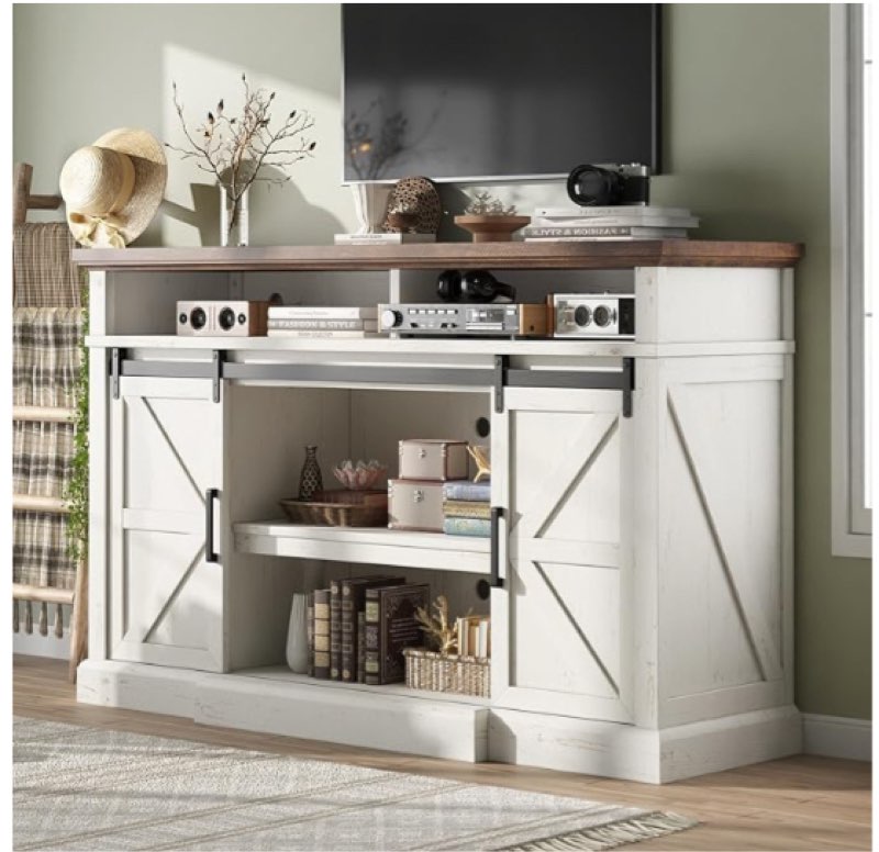 AMERLIFE 66" W Farmhouse TV Stand, Wood 40" H Tall Entertainment Center with Sliding Barn Door & Large Storage Shelves, Rustic Media Console for TVs up to 75", Distressed White