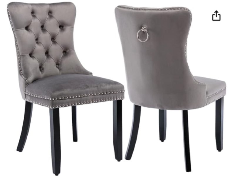 Grey Velvet Dining Chairs Set of 2, Upholstered Dining Room Chairs with Back Ring Pull Trim and Solid Wood Legs,Tufted Wingback Kitchen Chairs for Dining Room,Living Room,Kitchen(Grey)
