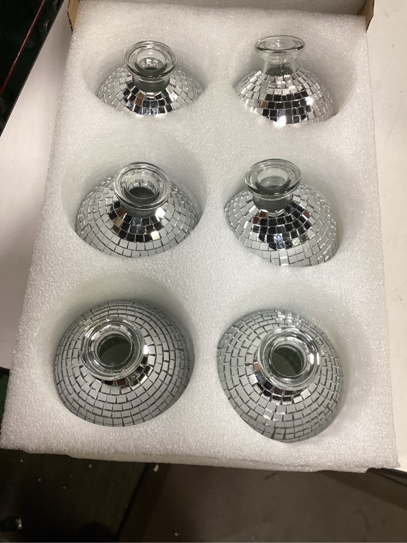 Condition photo showing New/Like New for disco ball vase for centerpieces disco ball planter for flowers silver mirror glass disco ball decor for table, party, wedding, birthday, home, or bedroom(3.5" x 4") glass 3.5" x 4"