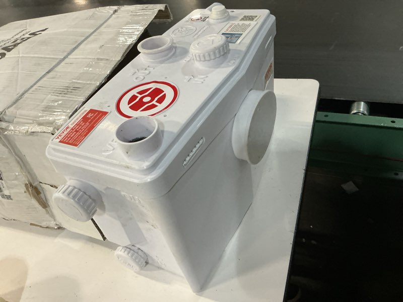 Condition photo showing As Is for vevor macerator pump, 1200w, 48 gpm flow, 33 ft/10 m head, macerator sewerage toilet pump with 4 water inlets, waste water disposal upflush machine for toilet, basement, shower, sink, laundry, bathtub