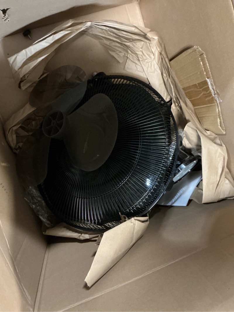 Condition photo showing As Is for amazon basics 16" pedestal fan with remote, floor fan, standing fan for bedroom, living room, office, with 3 speeds, 3 modes, timer, dual-layered blades, adjustable height, tilt head, 60w, black 3-speed, ac motor