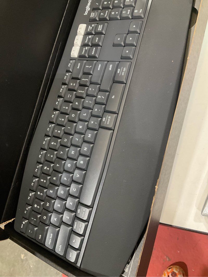 Condition photo showing As Is for logitech mk850 performance wireless keyboard and mouse combo for windows, macos & chromeos, bluetooth & 2.4 ghz usb receiver, full-size ergonomic keyboard, multi-device, cushioned palm rest – graphite