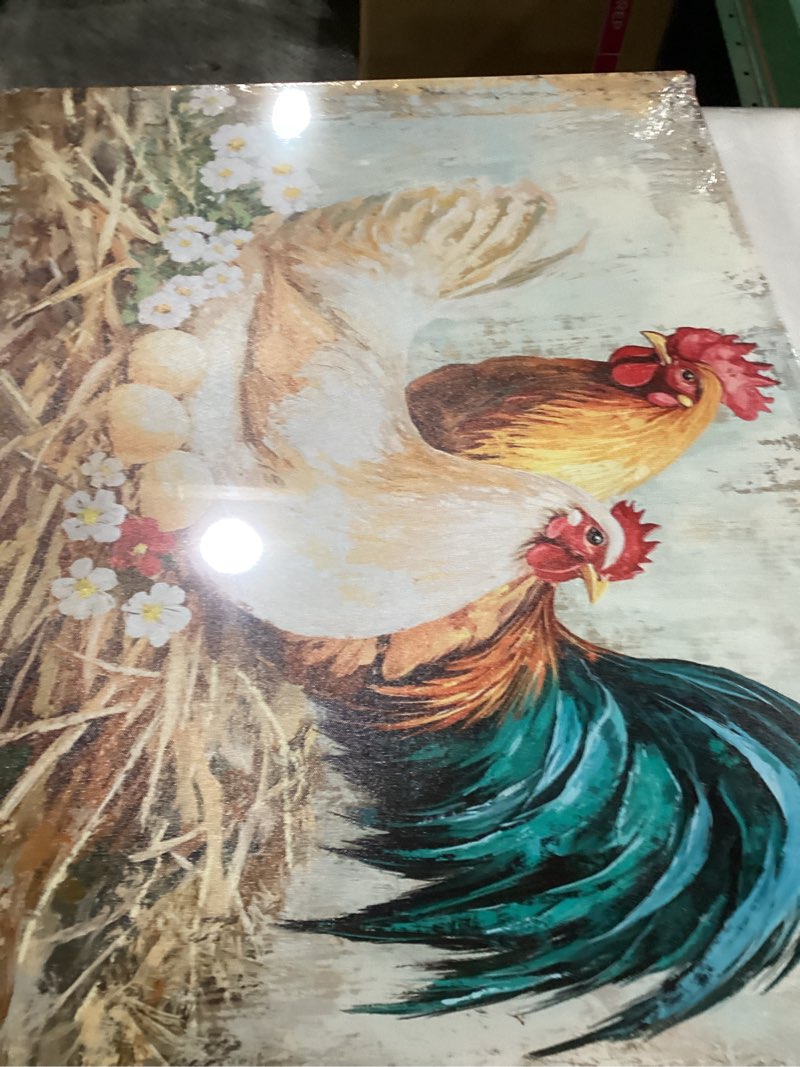 Condition photo showing New/Like New for KREATIVE ARTS Farmhouse Chicken Picture Canvas Wall Art for Kitchen Dining Room Rustic Rooster with Fresh Eggs Framed 24x32 Inch Hen and Hatching Chicks Painting Ready to Hang