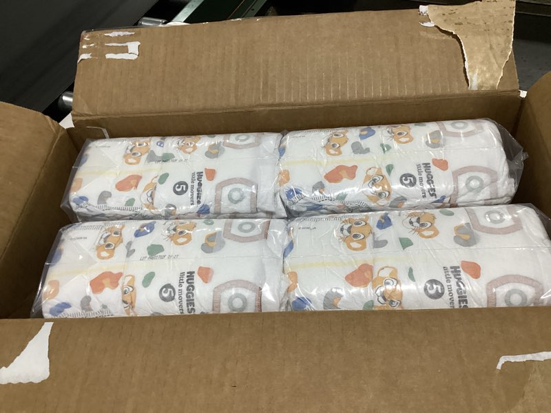 Condition photo showing New/Like New for huggies size 5 diapers, little movers baby diapers, size 5 (27+ lbs), 104 count, packaging may vary size 5 104