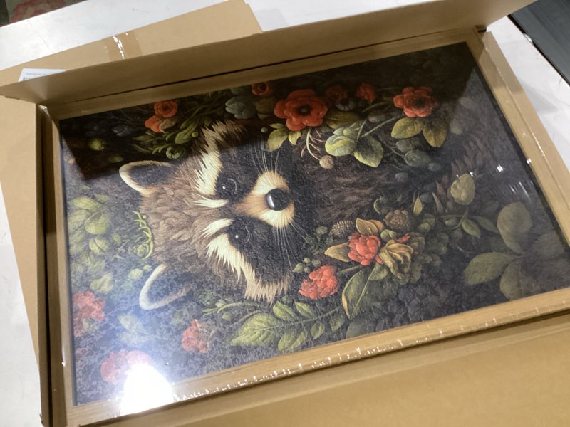 Condition photo showing New/Like New for SAMHOU Framed 3D Textured Wall Art, Vintage Hand Drawn Sandstone Raccoon Wall Decor, Dark Academia Animal with Botanical Florals Paintings for Living Room Bedroom Bathroom Home Decor 16x24 inch Dark Gray Raccoon Framed 24"L x 16"W