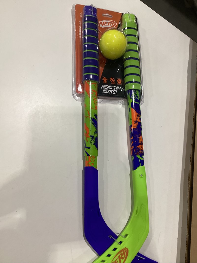 Condition photo showing New/Like New for franklin sports nerf proshot kids hockey sticks + ball set - 2 player youth indoor + outdoor set - 2 in 1 knee + floor hockey - (2) nerf proshot youth sticks + (1) foam ball included