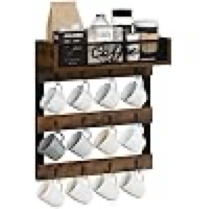 YINMIT Coffee Mug Holder with 12 Hooks, Coffee Cup Holder Wall Mounted with Top Shelf, Mug Organizer for Home Kitchen, Brown