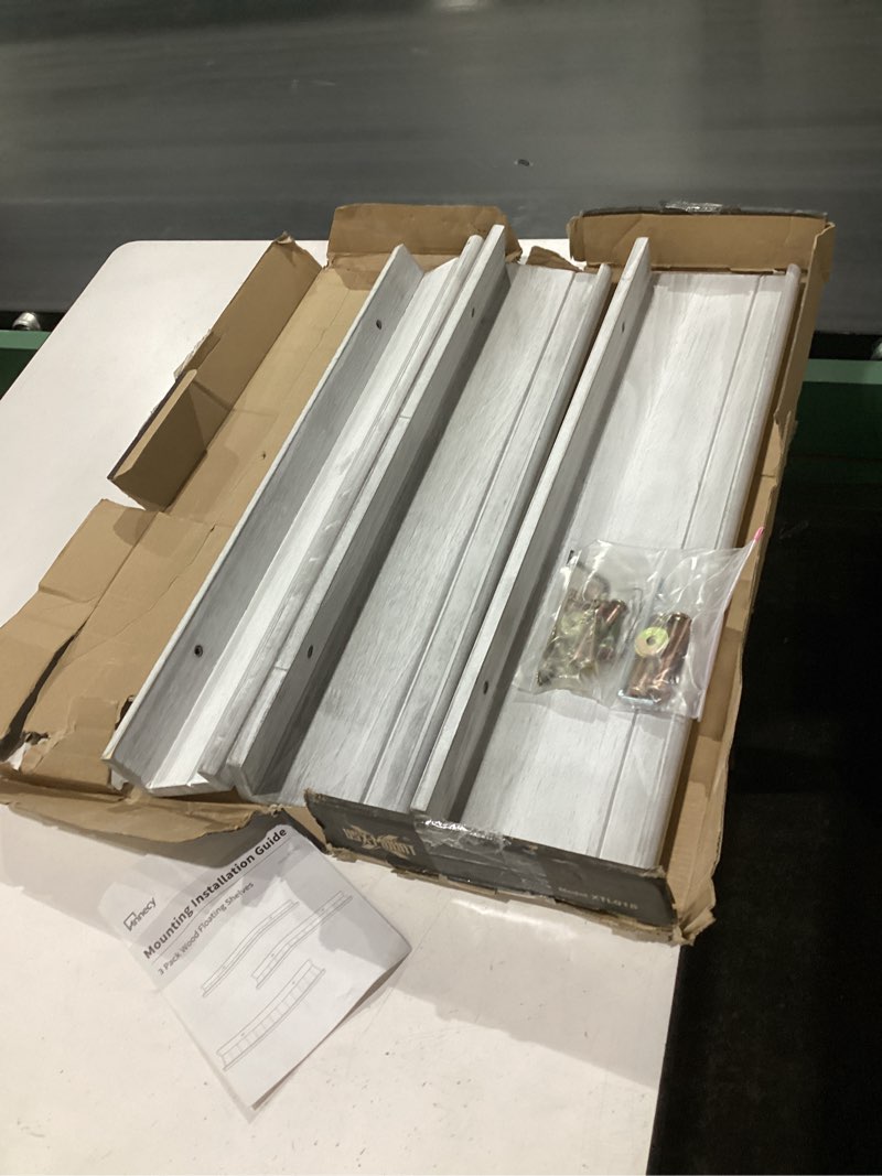 Condition photo showing Good Condition for annecy 3 pack grey solid wood floating wall shelves 16 inch for bedroom bathroom kitchen office 3 different sizes