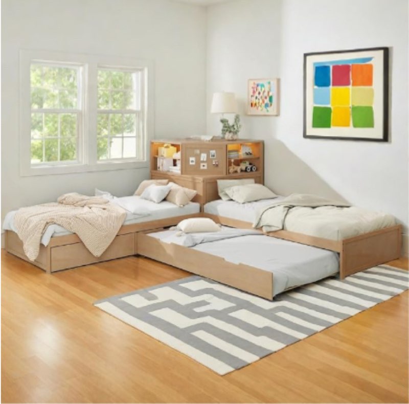 Incomplete box 1 only) L-Shaped Storage Bed with Trundle and Drawer Color: Natural