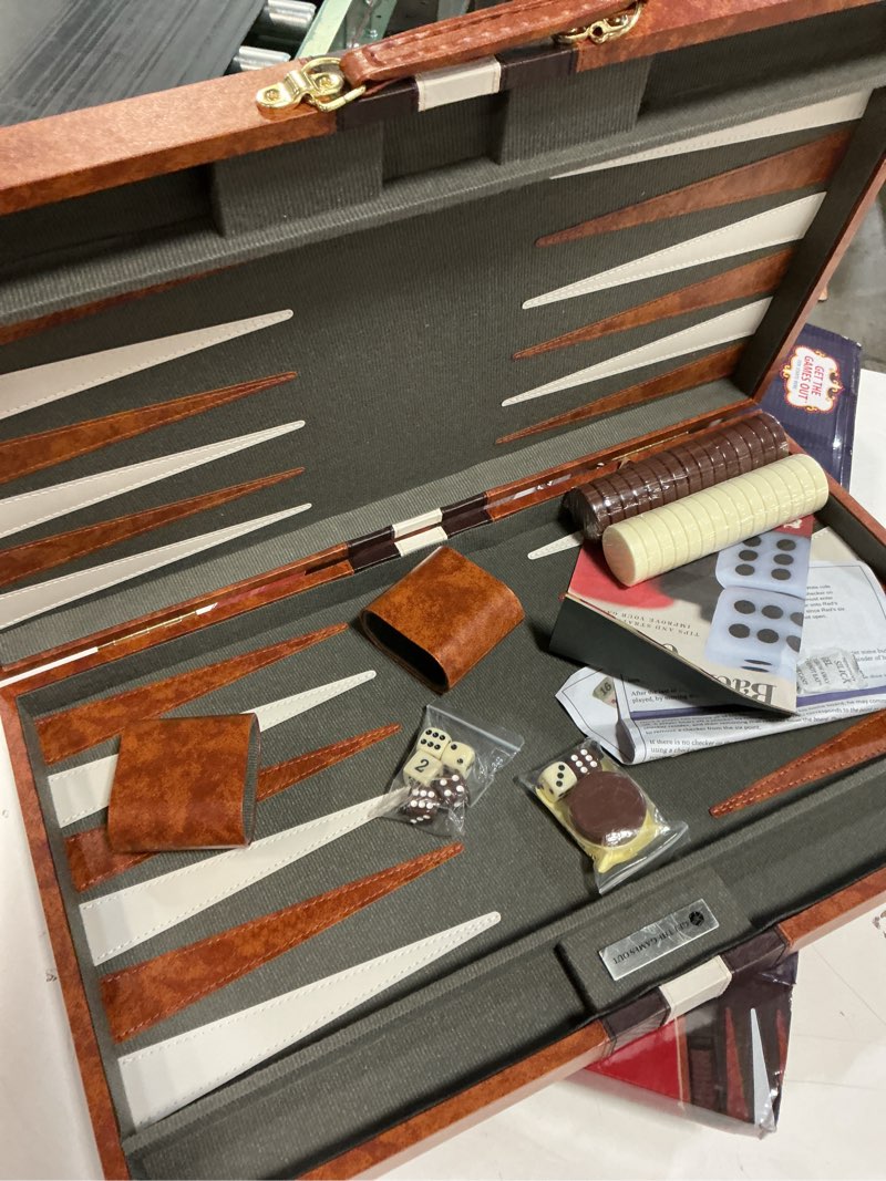Condition photo showing New/Like New for Get The Games Out Top Backgammon Set - Classic Board Game Case - Best Strategy & Tip Guide - Available in Small, Medium, Large and Extra Large Sizes (Extra Large, Brown)