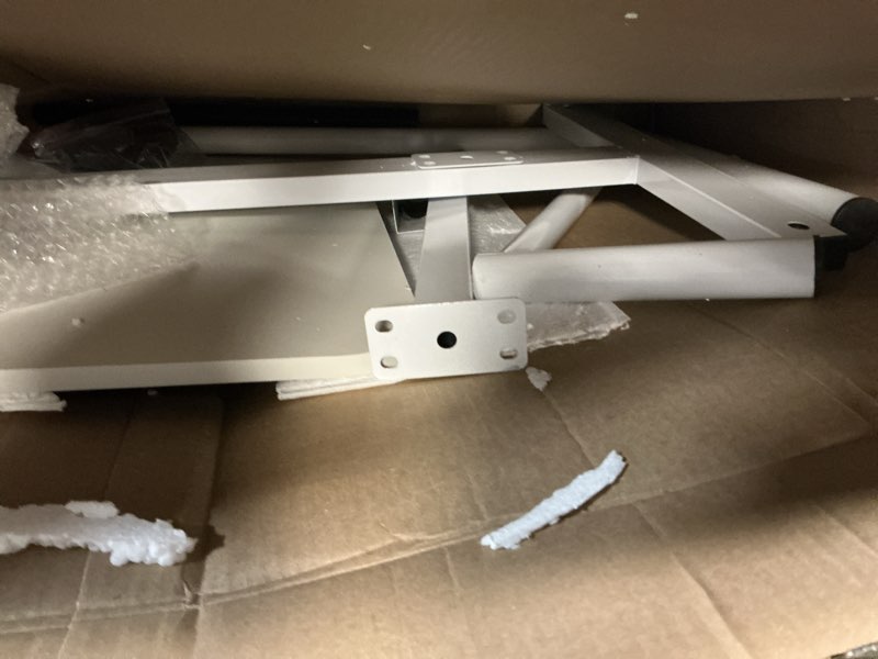 Condition photo showing As Is for tilt-swivel dual white desktop bed side table tray with wheels, adjustable height laptop over bed table, folding lightweight hospital bed table