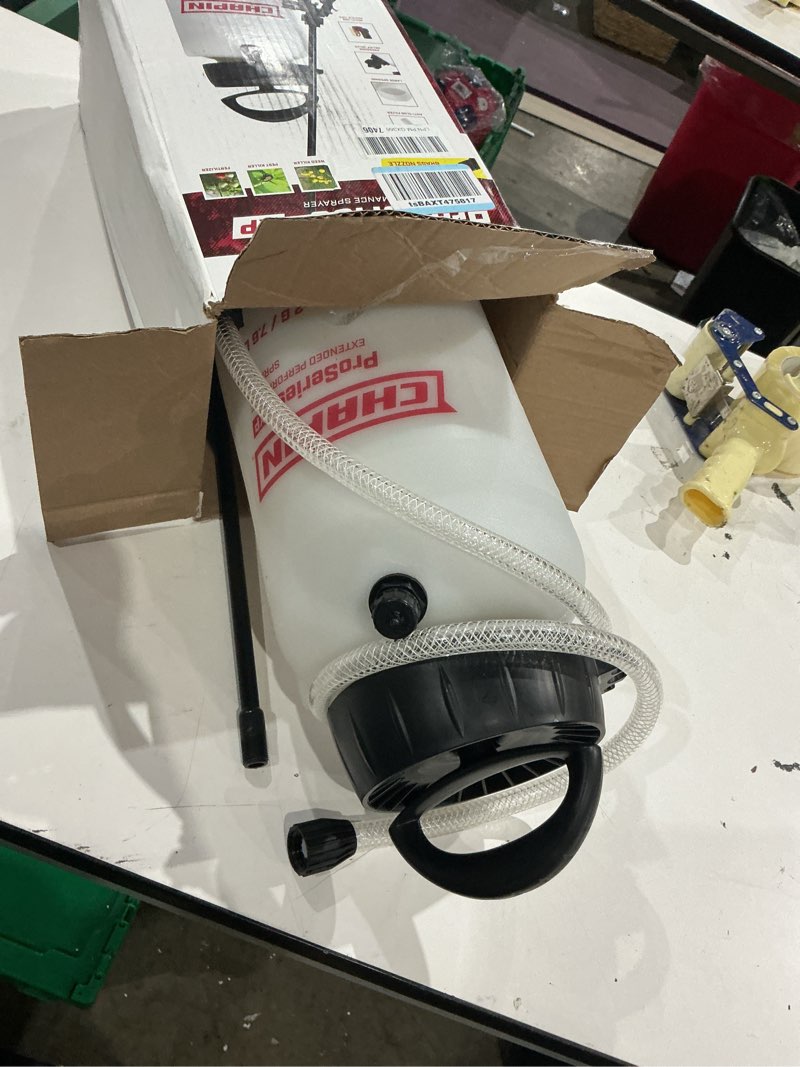 Condition photo showing As Is for chapin 26021xp made in usa 2-gallon heavy-duty compression sprayer for professional use, with 3 nozzles -one brass, pressure relief valve, comfort grip handle, translucent white