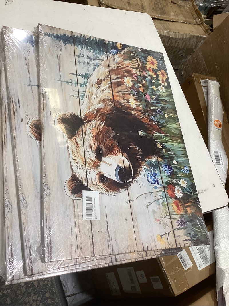 Condition photo showing New/Like New for rustic bear wall art brown bear wall decor farmhouse forest animal wall decor kids room animal artwork wildflowers nature scenery canvas painting for living room bedroom office16x12 in canvas canvas 16"l x 12"w