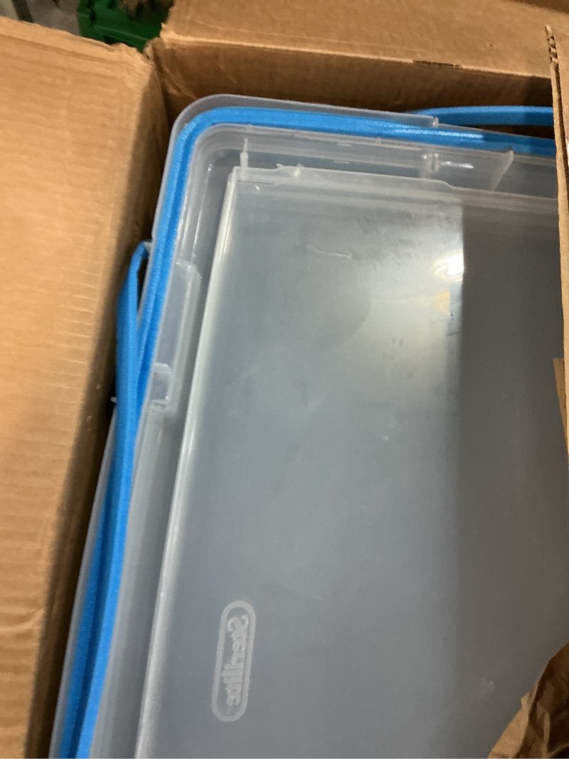 Condition photo showing As Is for Sterilite 120 Qt Wheeled Gasket Box, Stackable Storage Bin with Latching Lid, Handle and Tight Seal, Plastic Container with Clear Base and Lid, 3-Pack