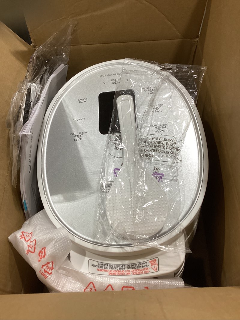 Condition photo showing As Is for cuckoo micom rice cooker 3-cup uncooked / 6-cup cooked with nonstick inner pot, small rice maker with 8 menu options, fuzzy logic technology, auto clean, quick rice mode, white (cr-0375fw) white 3 cup