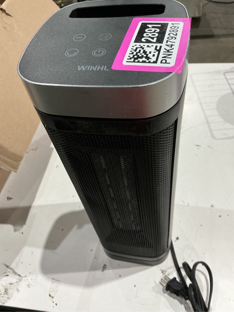 Condition photo showing As Is for space heater, winhl 17 inches electric heaters for indoor use with thermostat and remote, 70°oscillation, 12h timer, 5 modes, 1500w ptc ceramic fast safety heat for office bedroom home