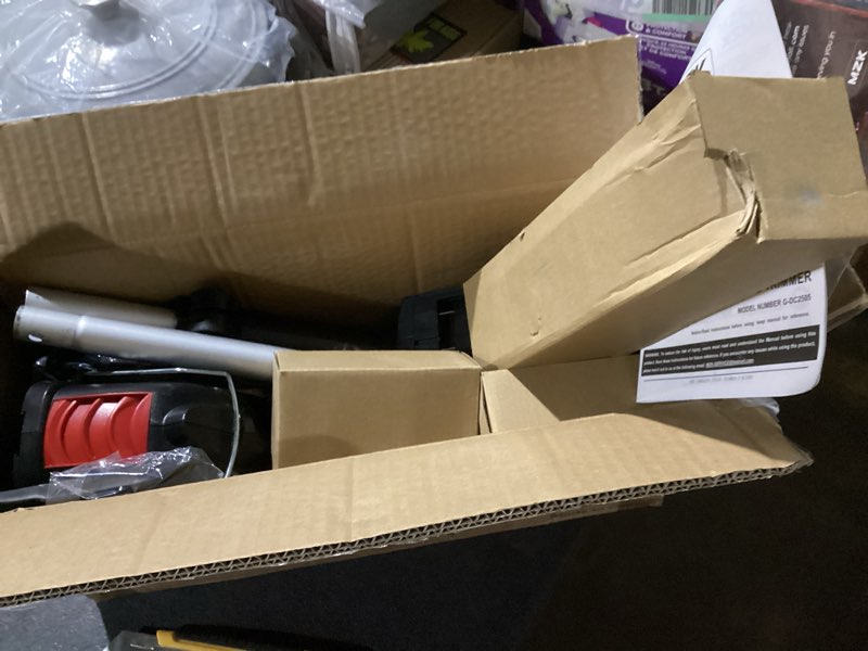 Condition photo showing As Is for mzk 20v 12'' cordless string trimmer, grass trimmer&edger with 8 replacement spools, battery powered weed trimmer with auto line feed for garden, lawn(2 * 2ah battery and charger included),st12d07