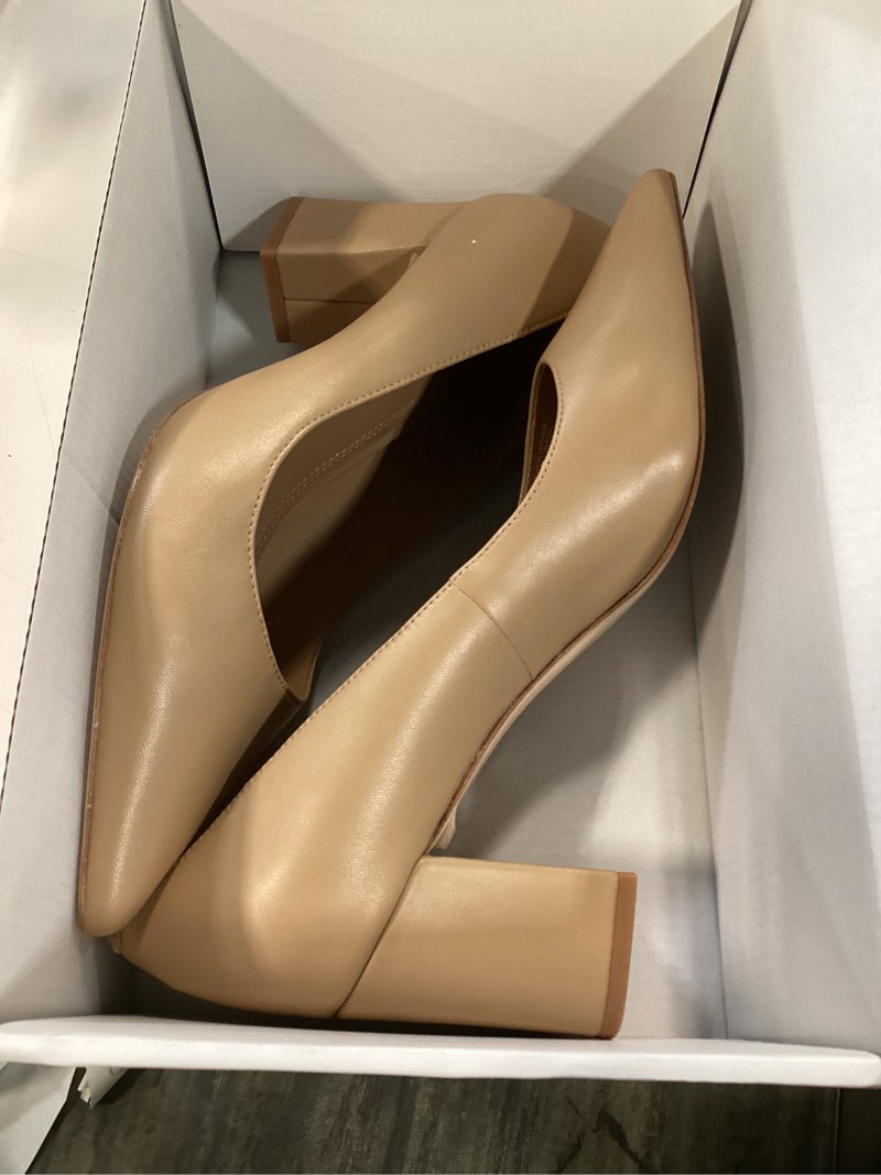 Condition photo showing New/Like New for quince italian leather 65mm block heel pump, 10, cashew