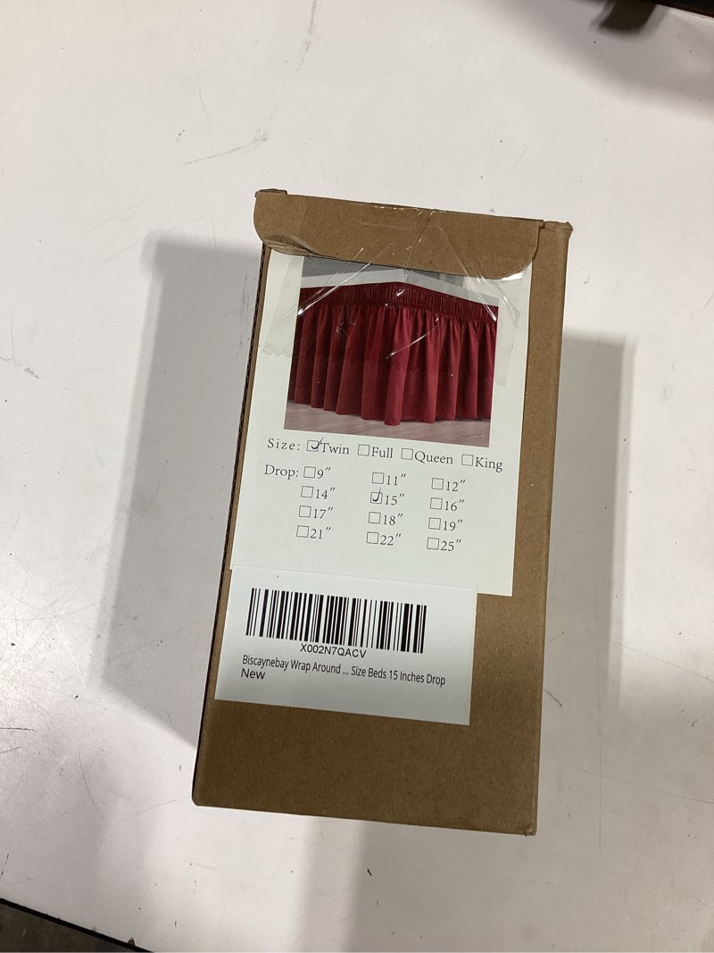 Condition photo showing As Is for biscaynebay wrap around bed skirts for twin & twin xl beds 15" drop, red adjustable elastic dust ruffles easy fit wrinkle & fade resistant silky luxurious fabric machine washable twin-15" drop red