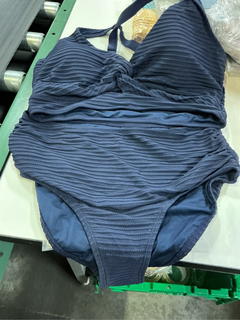 Condition photo showing New/Like New for herseas women's textured bikini sets twist front top swimsuits high waisted bathing suits x-large navy blue