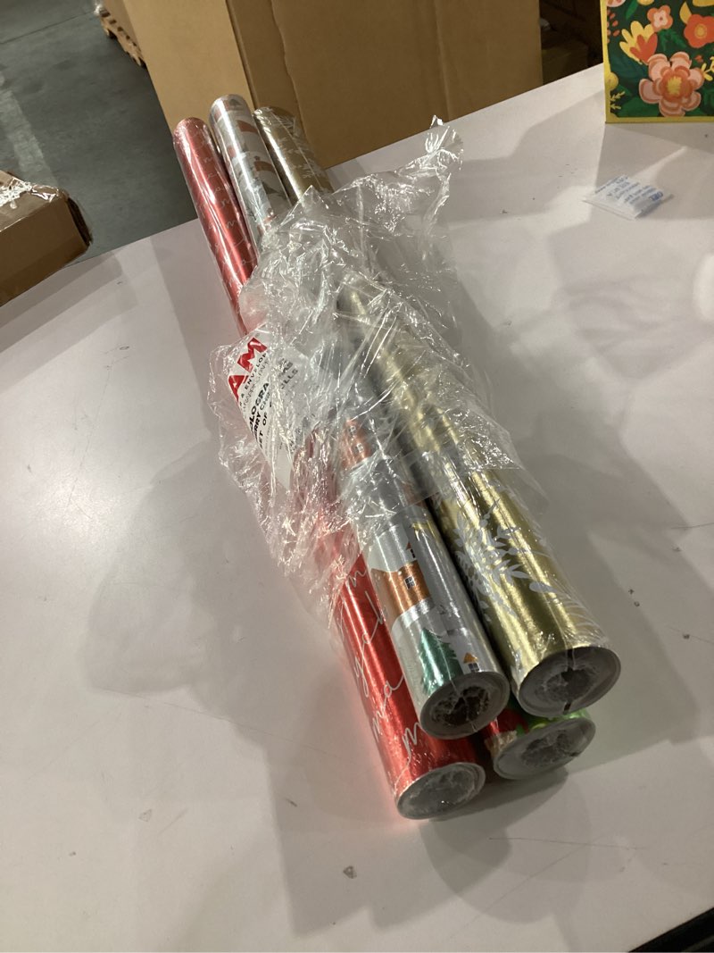 Condition photo showing New/Like New for JAMPaper Assorted Gift Wrap - Christmas Foil Wrapping Paper - 100 Sq Ft Total - Elegant Merry Christmas Reindeer Set - 4 Rolls/Pack Holographic Merry Christmas Set 4 Count (Pack of 1)