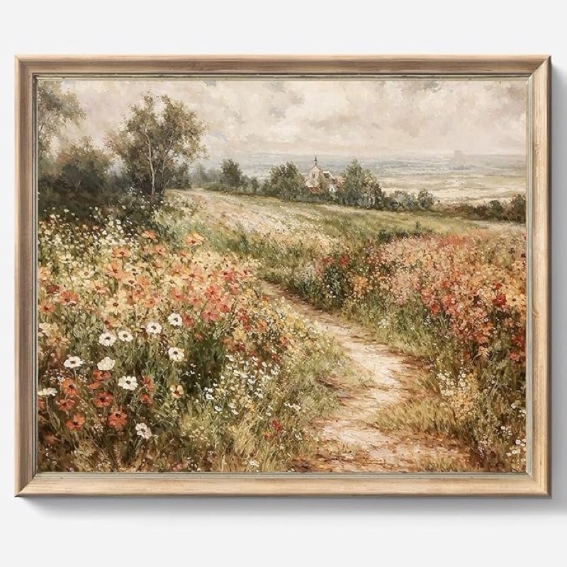 Framed Canvas Wall Art Vintage Decor, Vintage Painting Wall Art Prints, Landscape Wall Art for Living Room Decor Bedroom Home Bathroom Wall Decor (Wildflower Field