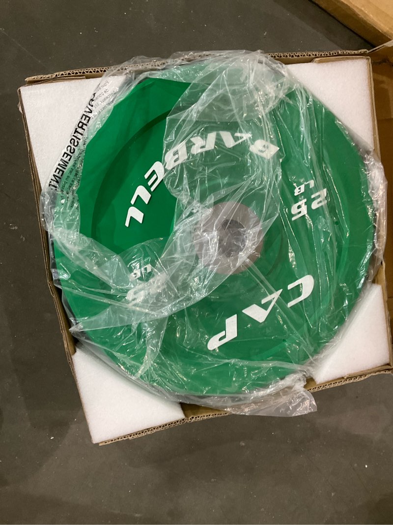Condition photo showing Good Condition for cap 2-inch olympic bumper plate weight set | 100-370 lbs | multiple colors | storage rack optional competition 100 lb - set color green