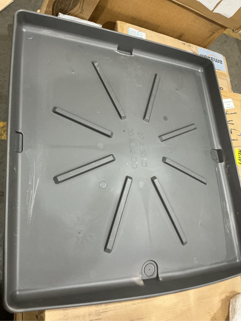 Condition photo showing As Is for camco low profile washing machine drain pan with pvc fitting, 29 inch x 33 inch id and 31 inch x 35 inch od - protects your floors from washing machine leaks - easy to use - pewter - 20788 standard packaging pewter 30.5" x 34.5"