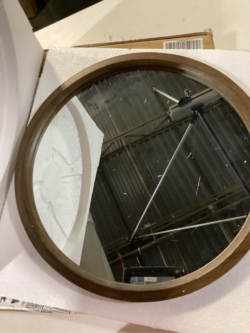 Condition photo showing As Is for magflerum 17 inch round wood mirror - small circle nursery boho wall decor for bedroom, living room, hallway (brown) brown 17"l x 17"w