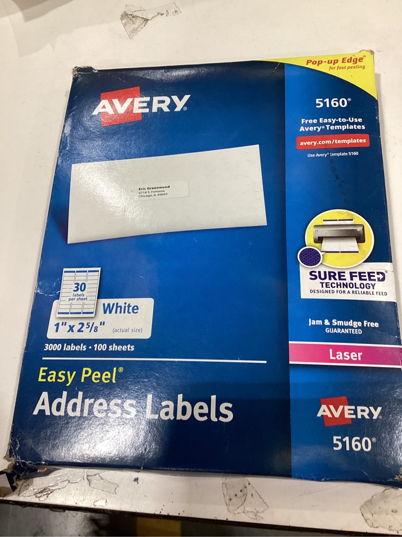 Condition photo showing Good Condition for Avery Easy Peel Printable Address Labels with Sure Feed, 1" x 2-5/8" Customizable Stickers, White, 3,000 Blank Mailing Labels, Great for Mailing, Shipping, and More (5160) 3,000 labels