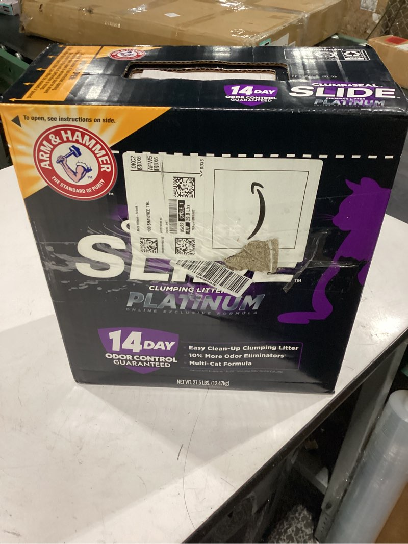 Condition photo showing New/Like New for arm & hammer clump & seal slide platinum multi-cat clumping cat litter, easy clean technology with no scrubbing, 14-day odor control, 27.5 lbs slide platinum clumping litter