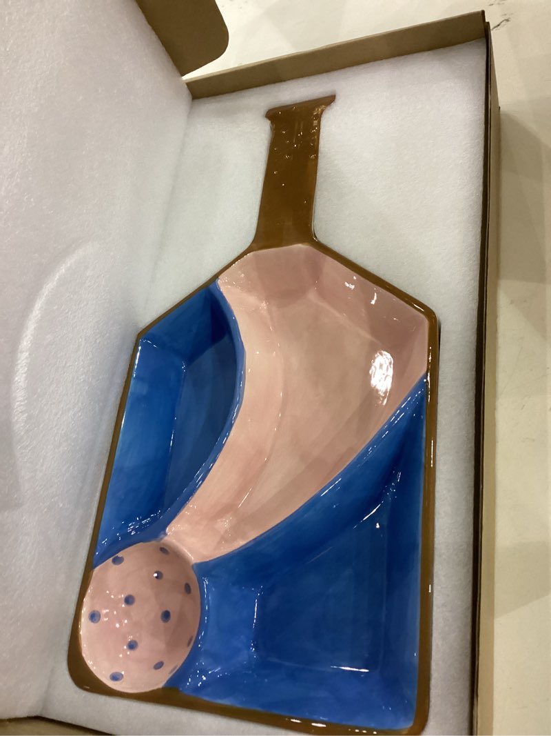 Condition photo showing New/Like New for Pickleball Party Platter - Fun Paddle-Shaped Ceramic Tray with Snack Sections - Perfect Serving Dish for Pickleball Lovers display trays (Blue) Coastal Breeze